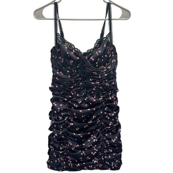 For Love and Lemons Floral Black Satin Lace Mini Dress Bodycon Going Out Size M - Picture 2 of 11